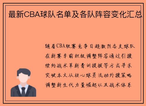 最新CBA球队名单及各队阵容变化汇总